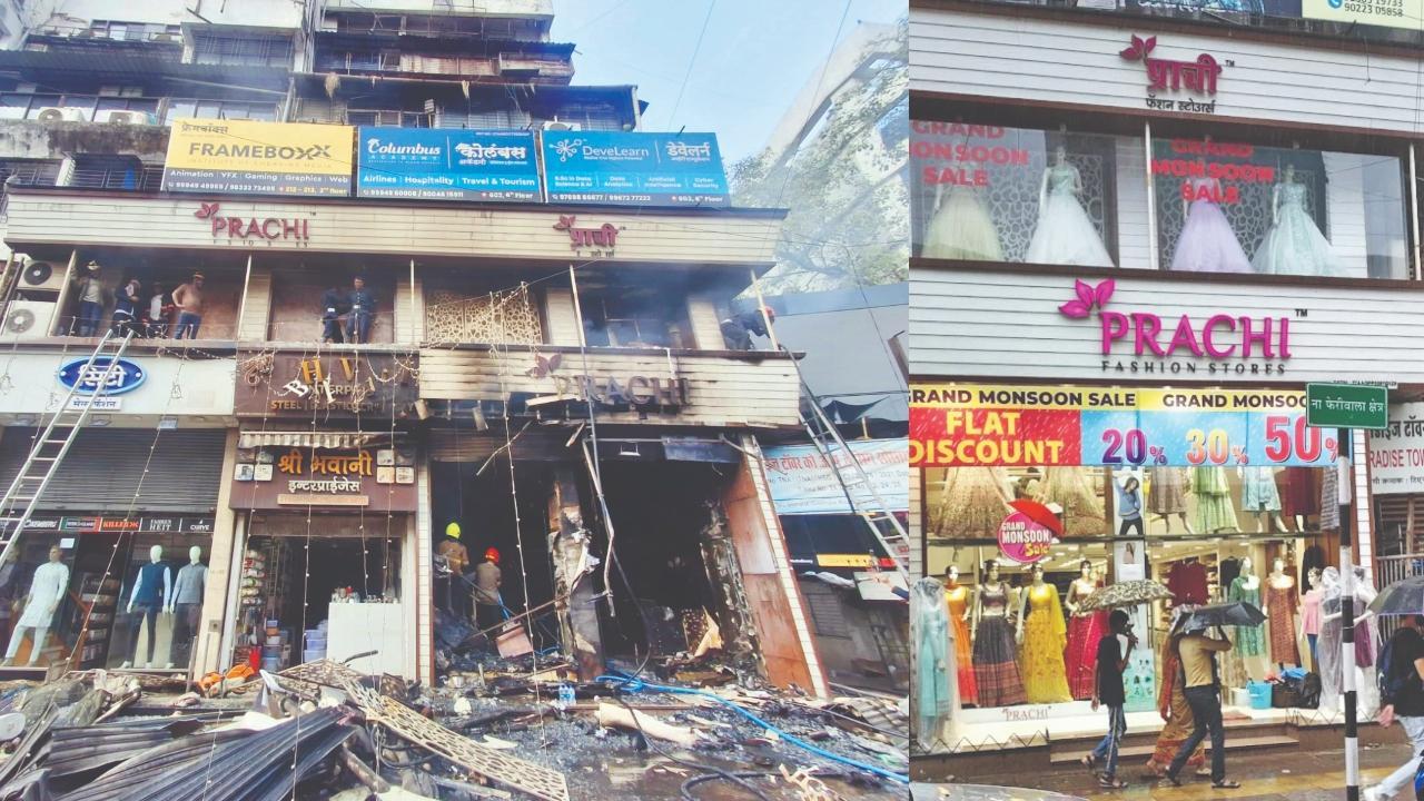 ગ્રાઉન્ડ પ્લસ વન ફ્લોરનો પ્રાચી ફૅશન સ્ટોર્સ આગમાં ખાખ થઈ ગયો.