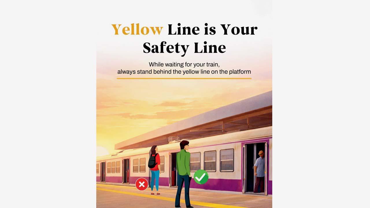 સેન્ટ્રલ રેલવેએ યલો લાઇનની અંદર ઊભા રહેવા મુસાફરોને જાગ્રત કરવા સોશ્યલ મીડિયા પર મૂકેલી પોસ્ટ.