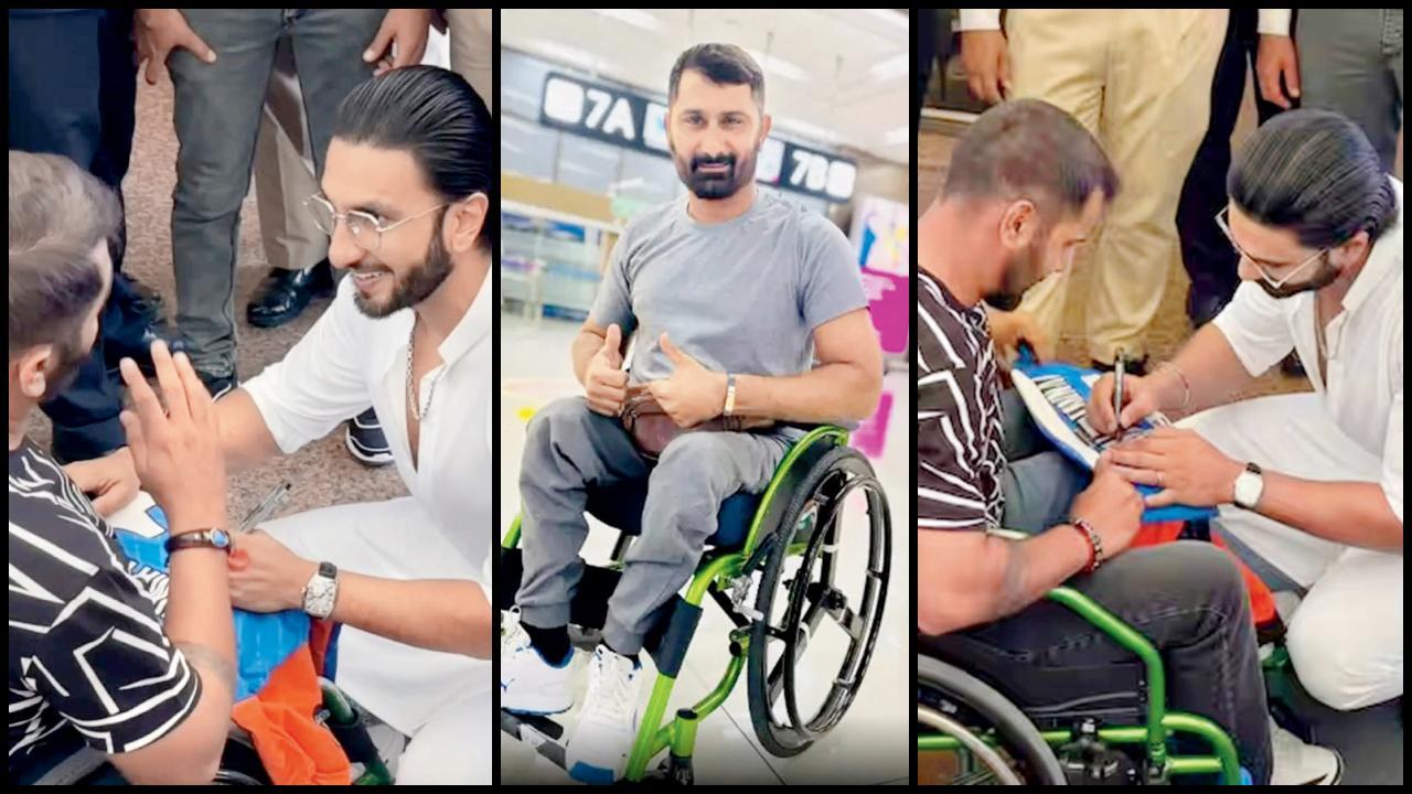 આંતરરાષ્ટ્રીય વ્હીલચૅર ક્રિકેટર ભીમા ખુંટીને રણવીરે ઉભડક બેસીને આપ્યો ઑટોગ્રાફ
