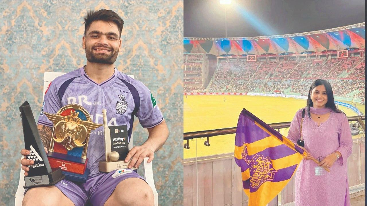 પ્લેયર ઑફ ધ મૅચ સહિતના અવૉર્ડ સાથે રિન્કુ સિંહ, એકાના સ્ટેડિયમમાં કલકત્તાની ટીમના ઝંડા સાથે પ્રિયા સરોજ