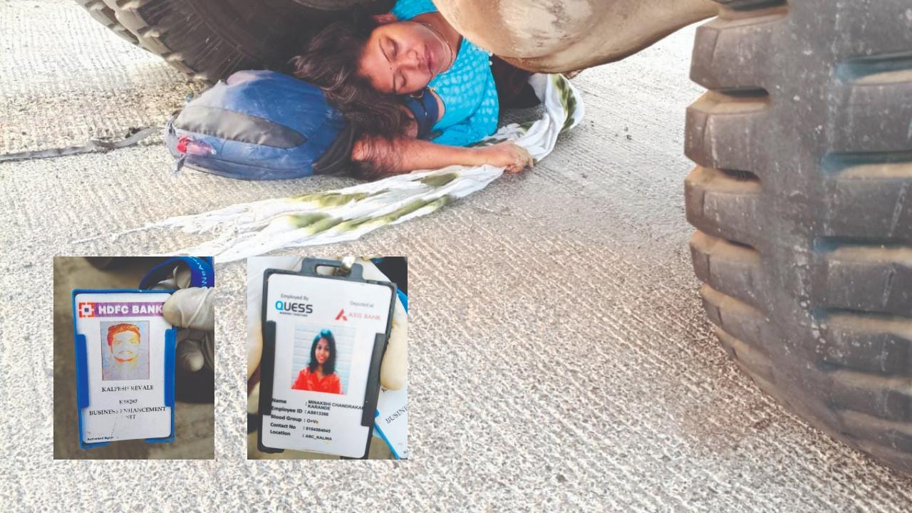 ટ્રકનું પૈડું ફરી વળ્યા બાદ એની નીચે ફસાઈ ગયેલી મીનાક્ષી રેવાલે. (આઈડી કાર્ડમાં કલ્પેશ રેવાલે. મીનાક્ષી રેવાલે)