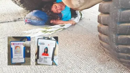 ટ્રકનું પૈડું ફરી વળ્યા બાદ એની નીચે ફસાઈ ગયેલી મીનાક્ષી રેવાલે. (આઈડી કાર્ડમાં કલ્પેશ રેવાલે. મીનાક્ષી રેવાલે)