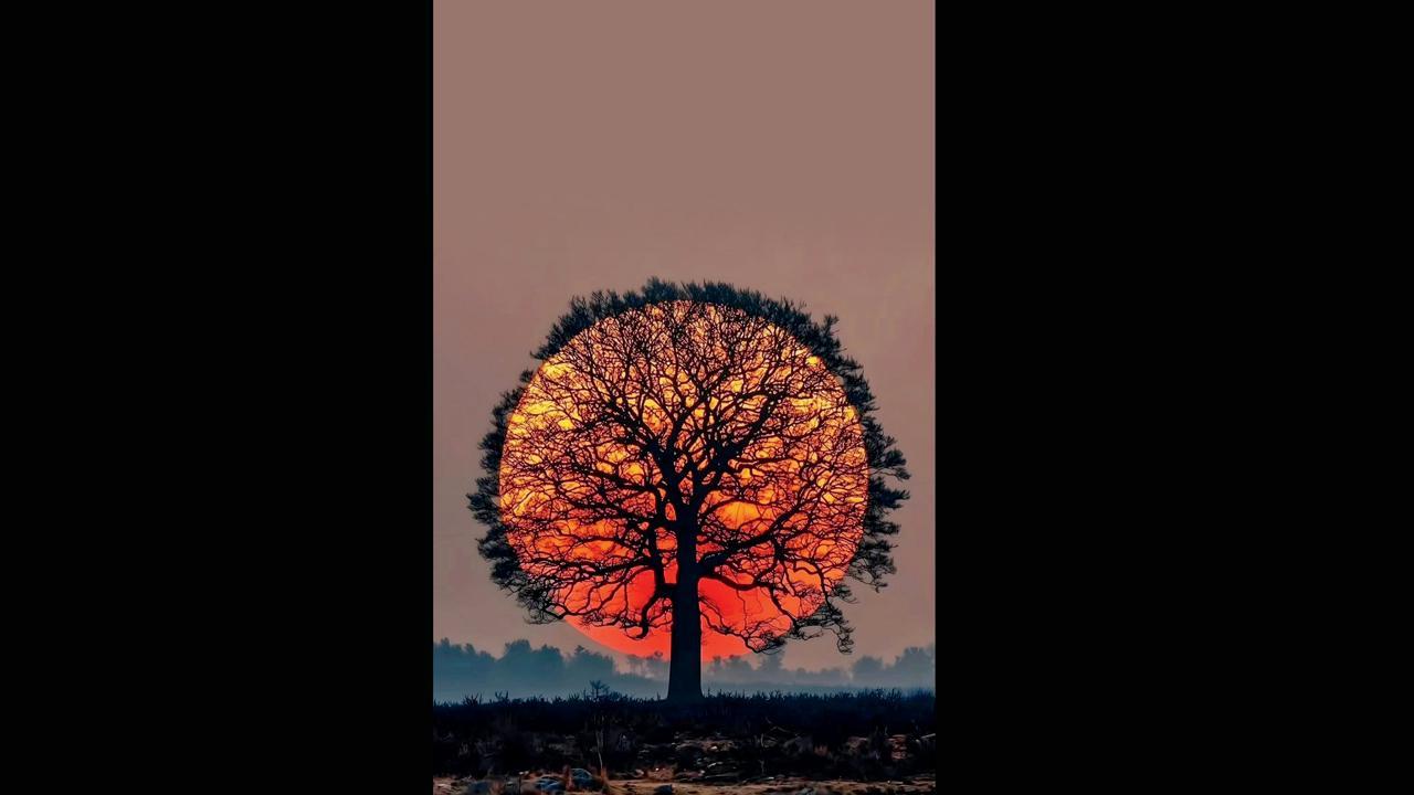 વૃક્ષની પાછળ ડૂબી રહેલા સૂરજનું અદ્ભુત દૃશ્ય