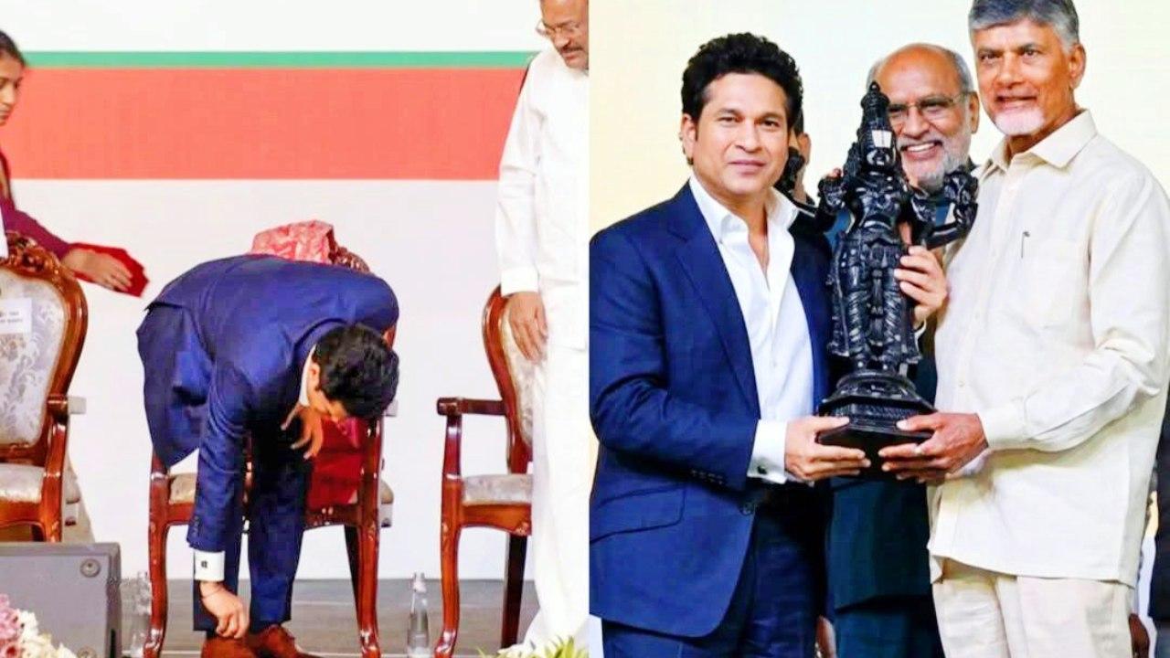 ભગવાન વેન્કટેશ્વરની મૂર્તિ સ્વીકારતાં પહેલાં સચિને પોતાનાં જૂતાં ઉતાર્યાં