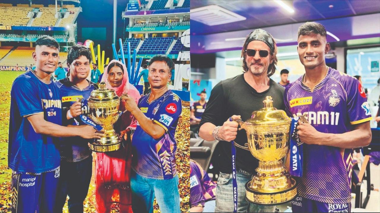 IPL ટ્રોફી સાથે સાકિબ હુસેન ઍન્ડ ફૅમિલી, કલકત્તા ટીમના માલિક શાહરુખ ખાન અને ટ્રોફી સાથે પોઝ આપતો સાકિબ હુસેન.