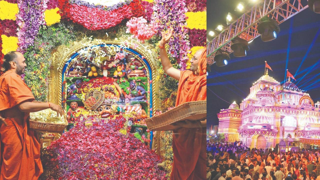 સાળંગપુર હનુમાનજી મંદિરમાં સંતો દ્વારા હનુમાનજી પર પુષ્પવર્ષા કરવામાં આવી હતી.સાળંગપુર હનુમાન મંદિરમાં રાતે ધાર્મિકજનો ઊમટ્યા હતા.