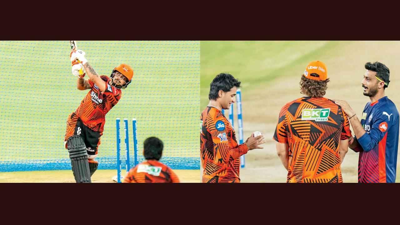 ગઈ કાલે પ્રૅક્ટિસ દરમ્યાન હૈદરાબાદનો કૅપ્ટન ઈશાન કિશન પ્રૅક્ટિસ દરમ્યાન ગઈ કાલે હૈદરાબાદનો ઓપનર અભિષેક શર્મા અને બોલિંગ કોચ ડેનિયલ વેટોરી સાથે વાતચીત કરી રહેતો દિલ્હીનો કૅપ્ટન અક્ષર પટેલ.