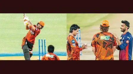 ગઈ કાલે પ્રૅક્ટિસ દરમ્યાન હૈદરાબાદનો કૅપ્ટન ઈશાન કિશન પ્રૅક્ટિસ દરમ્યાન ગઈ કાલે હૈદરાબાદનો ઓપનર અભિષેક શર્મા અને બોલિંગ કોચ ડેનિયલ વેટોરી સાથે વાતચીત કરી રહેતો દિલ્હીનો કૅપ્ટન અક્ષર પટેલ.