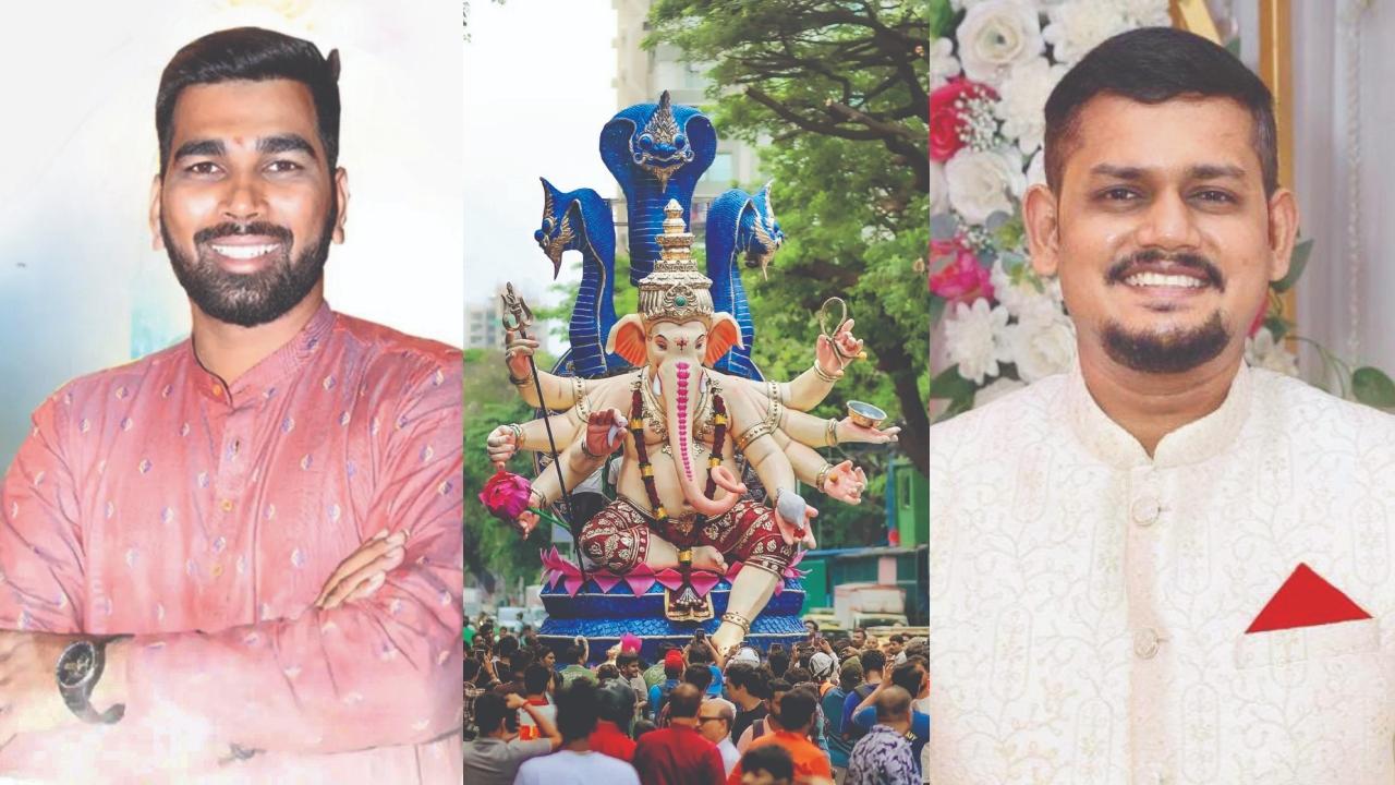 સંકેત નેવશે અને બ્રિજેશ જોશી તેમ જ વચ્ચે ભૂલેશ્વરચા રાજાની મૂર્તિ
