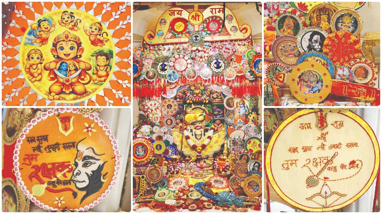 હનુમાનદાદાના સિંહાસન પર રાખડીઓથી કરવામાં આવેલો શણગાર અને હનુમાનદાદાને મોકલાયેલી વૈવિધ્યસભર રાખડીઓ.