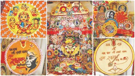 હનુમાનદાદાના સિંહાસન પર રાખડીઓથી કરવામાં આવેલો શણગાર અને હનુમાનદાદાને મોકલાયેલી વૈવિધ્યસભર રાખડીઓ.