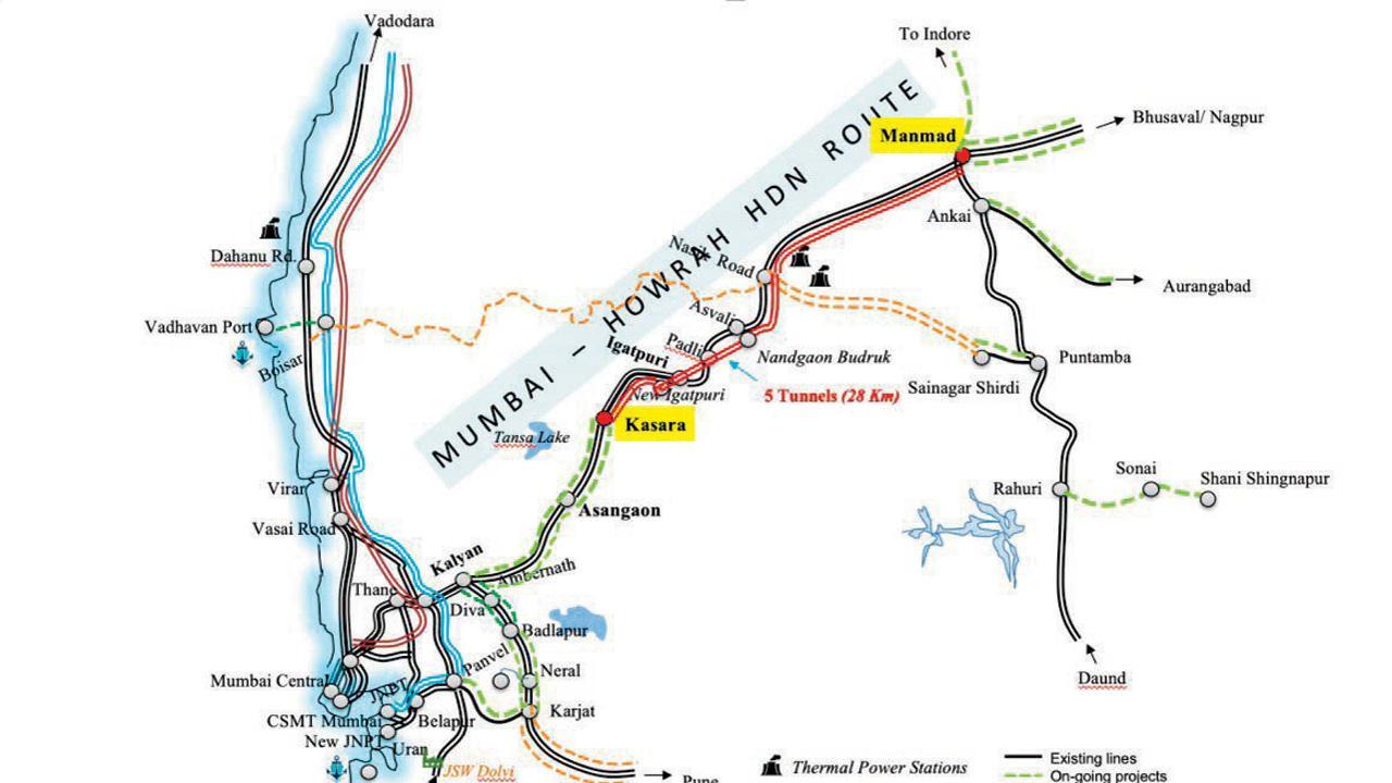 કસારા-મનમાડ રેલ પ્રોજેક્ટનો રૂટ-મૅપ; જેમાં ઘાટ સેક્શન, ટનલ લોકેશન અને મુંબઈ-હાવડા કૉરિડોર સાથેની કનેક્ટિવિટીને હાઇલાઇટ કરવામાં આવ્યાં છે.