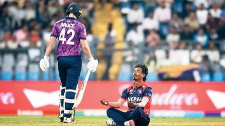 ટૉમ બ્રુસને આઉટ કર્યા પછી અનોખી ઉજવણી કરી નેપાલના ફાસ્ટ બોલર સોમપાલ કામીએ