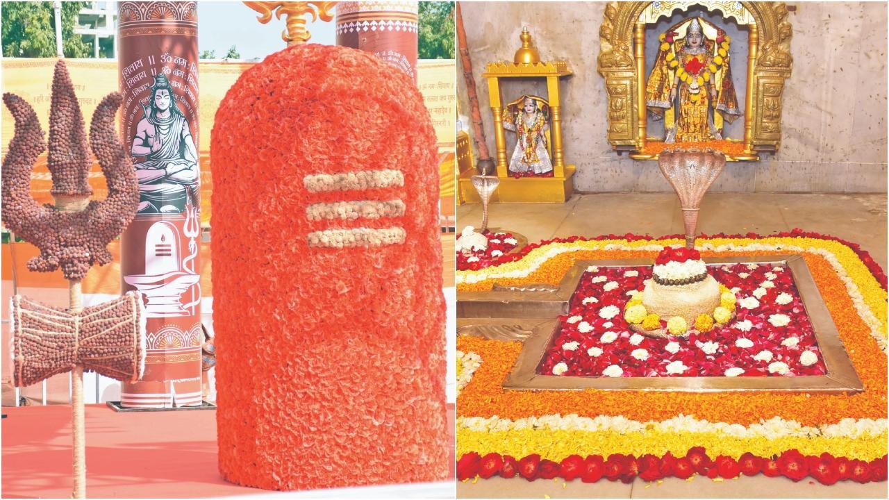 મહાશિવરાત્રિના મેળાના માર્ગમાં કરાયેલું ડમરુ તેમ જ શિવલિંગનું સુશોભન, ભવનાથ મહાદેવનાં દર્શન.