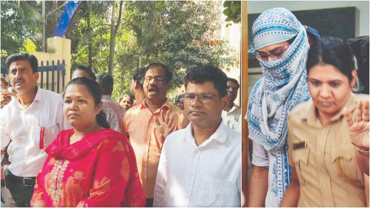 થાણેના કમિશનરની ઑફિસ સામે પ્રદર્શન કરી રહેલા લોકો (ડાબે) અને ગઈ કાલે કોર્ટ સમક્ષ રજૂ કરવામાં આવેલી આરોપી નેહા નાર્વેકર.