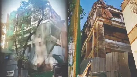 ઘાટકોપર-ઈસ્ટમાં સિક્સ્ટી ફીટ રોડ પર ડિમોલિશ થઈ રહેલું પર્ણકુટિર બિલ્ડિંગ. પર્ણકુટિર બિલ્ડિંગના ટૉપ ફ્લોર પર હવામાં ઝૂલી રહેલો સિમેન્ટનો સ્લૅબ.