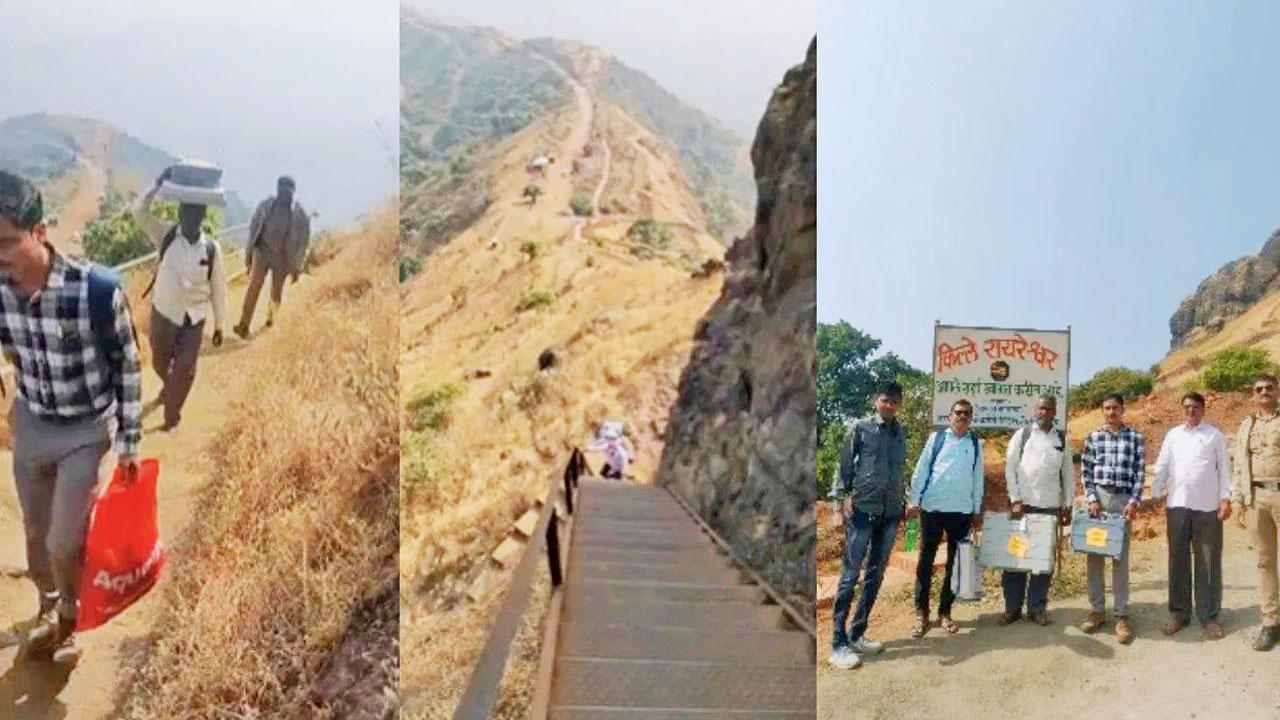 સાધનસામગ્રી સાથે સજ્જ ચૂંટણી-અધિકારીઓ ભોર કિલ્લા પર ચડીને મતદાનમથક પર પહોંચ્યા હતા