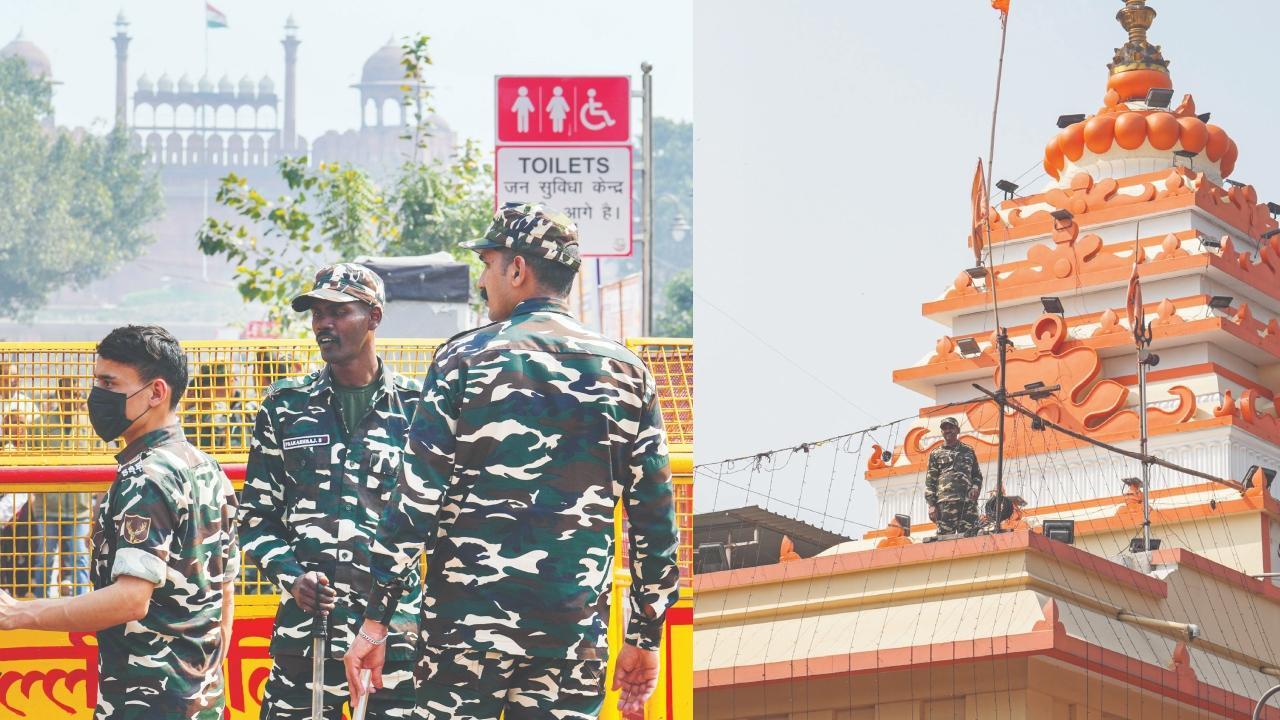 લાલ કિલ્લા અને મંદિરોની પાસે બૅરિકેડ્સ ગોઠવીને સુરક્ષા-વ્યવસ્થા વધારવામાં આવી છે. મંદિરના કાંગરેથી પણ સિક્યૉરિટી ફોર્સના જવાનોની ચાંપતી નજર. 