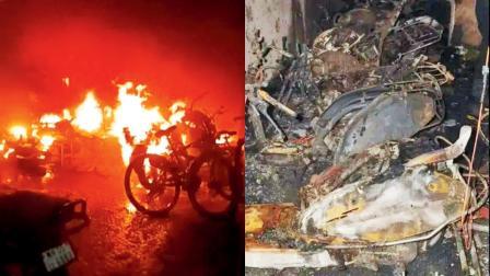 એકબીજાની પાસે-પાસે પાર્ક કરાયેલાં ટૂ-વ્હીલર્સમાં ઝડપથી આગ ફેલાઈ ગઈ હતી (ડાબે), આગમાં બળી ગયેલાં ટૂ-વ્હીલર્સનો ભંગાર (જમણે)
