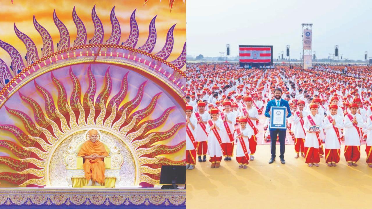 ૯૨મી જન્મજયંતીના સમારોહમાં પ.પૂ. મહંત સ્વામી મહારાજ, હિન્દુ ગ્રંથના સૌથી વિરાટ સમૂહગાન બદલ ગિનેસ વર્લ્ડ રેકૉર્ડ્સ દ્વારા સર્ટિફિકેટ મળ્યું.