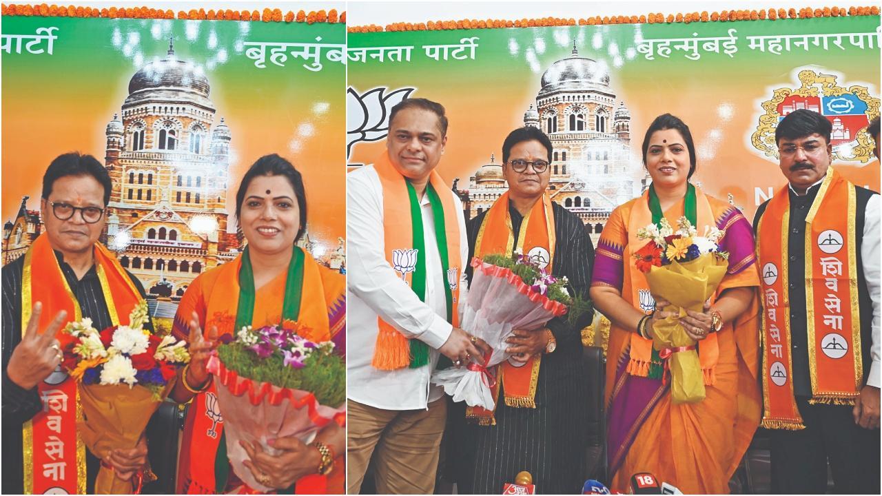 મેયરપદ માટે BJPમાંથી ફૉર્મ ભરનારાં રિતુ તાવડે સાથે ડેપ્યુટી મેયરપદના ઉમેદવાર શિવસેનાના સંજય ઘાડી.