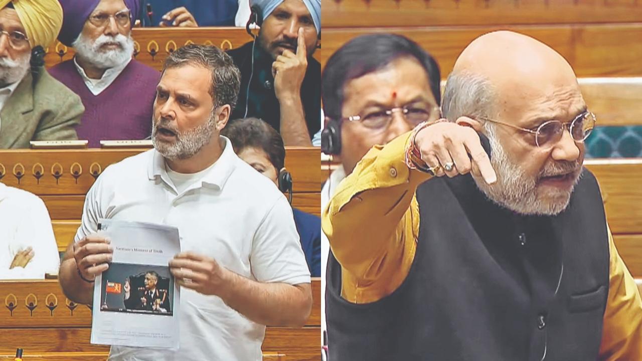 ગઈ કાલે લોકસભામાં એક મૅગેઝિનમાંથી ભૂતપૂર્વ આર્મી ચીફ મનોજ નરવણેના પુસ્તક વિશે વાંચવાની કોશિશ કરતા રાહુલ ગાંધી તેમજ બીજી તસવીરમા હજી સુધી પ્રકાશિત ન થયા હોય એવા પુસ્તક વિશે બોલવાની કોશિશ કરતા રાહુલ ગાંધીનો ગૃહપ્રધાન અમિત શાહે જોરદાર વિરોધ કર્યો હતો.