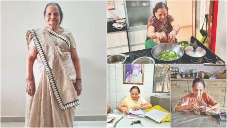 રસોઈ બનાવી રહેલાં, સીવણકામ કરી રહેલાં મંજુલા દોશી શ્રી વર્ધમાન સ્થાનકવાસી જૈન સંઘ દહાણુકરવાડી, કાંદિવલીનાં સ્થાપક છે