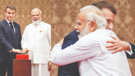 જૉઇન્ટ પ્રેસ-કૉન્ફરન્સમાં ભારત-ફ્રાન્સ વચ્ચે થયેલી ડીલ એકસાથે રજૂ કરી રહેલા ફ્રેન્ચ પ્રેસિડન્ટ ઇમૅન્યુઅલ મૅક્રૉન અને નરેન્દ્ર મોદી, ઐતિહાસિક ડીલ પછી બે દેશના નેતાઓ ગળે મળ્યા હતા. 