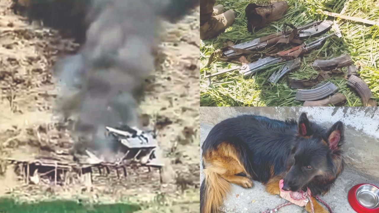 જમ્મુ-કાશ્મીરમાં કિશ્તવાડ પાસે ઠાર મરાયેલા આતંકવાદીઓ પાસેથી મળી આવેલાં હથિયારો. ભારતીય સ્પેશ્યલ સિક્યૉરિટી ફોર્સ અને આતંકવાદીઓ વચ્ચે થયેલા ઘર્ષણ દરમ્યાન એ વિસ્તારમાં સામસામા ગ્રેનેડના ધડાકાનો ધુમાડો.