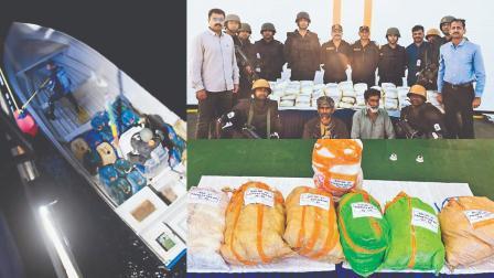 પોરબંદર પાસેથી મળી આવેલી બોટ, ૨૦૩ કિલો નશીલું ડ્રગ્સ, ATS અને કોર્સ્ટ ગાર્ડની ટીમ સાથે પકડાયેલા બે ઈરાનીઓ. 