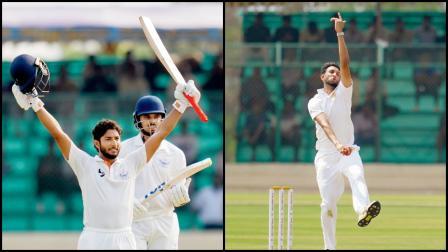 ફર્સ્ટ ક્લાસ ક્રિકેટની ચોથી સદી ફટકારવાની ઉજવણી કરતો જમ્મુ ઍન્ડ કાશ્મીરનો શુભમ પુંડિર અને કર્ણાટક તરફથી પેસ બોલર પ્રસિદ્ધ ક્રિષ્નાએ બે વિકેટ ઝડપી હતી.