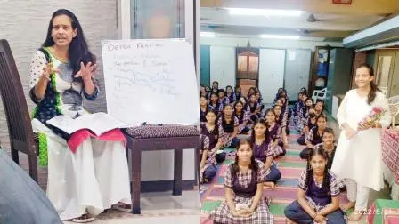 બૉડી-ડીટૉક્સ માટે હેલ્ધી ડાયટની સમજ આપી રહેલાં રીનાબહેન (ડાબે); રીનાબહેને હેલ્થ-વેલનેસને લઈને સ્કૂલમાં પણ સેમિનાર યોજ્યો છે (જમણે)