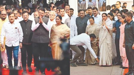 ગઈ કાલે વિધાનભવનમાં આવતા દેવેન્દ્ર ફડણવીસ સુનેત્રા પવાર. આવ્યાં ત્યારે પાર્ટીનો એક કાર્યકર તેમને પગે લાગ્યો હતો. તસવીરો: સૈયદ સમીર અબેદી