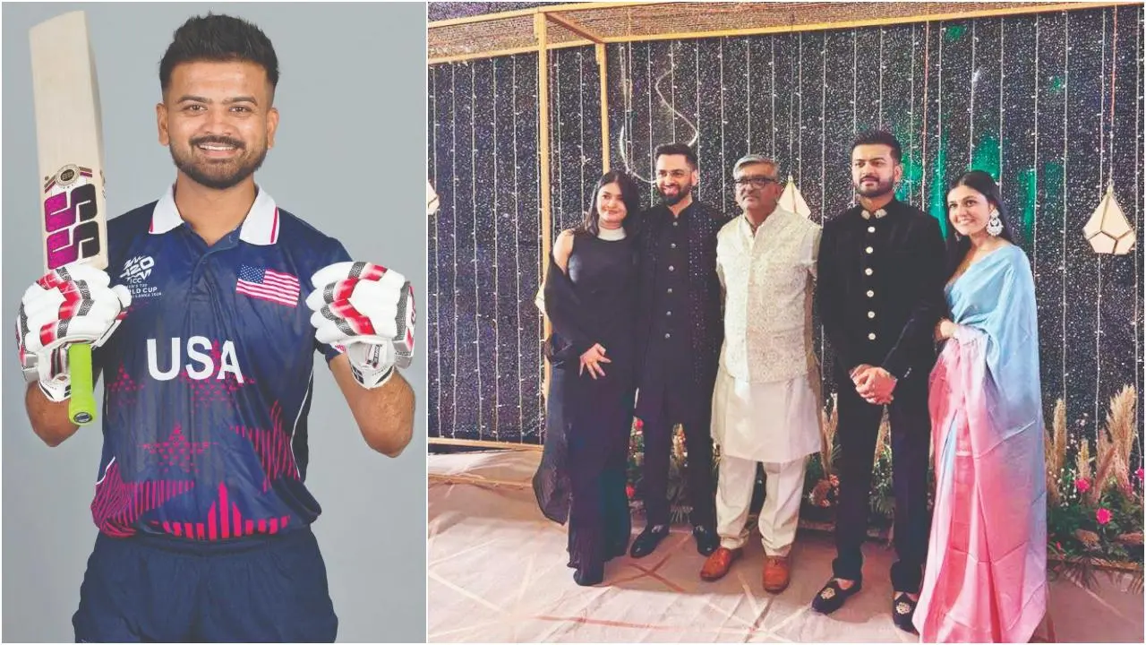 (ડાબેથી) મોનાંકની બહેન આશ્વી, બનેવી હર્ષ, પિતા દિલીપ પટેલ, મોનાંક અને તેની પત્ની હિમાની.