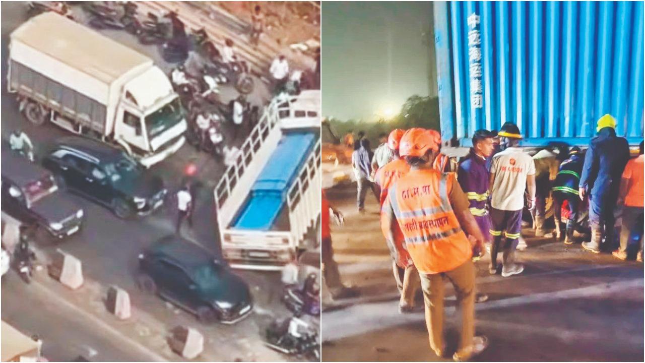 થાણેમાં ટ્રક પલટી થઈ જવાથી કલાકો સુધી ટ્રાફિક જૅમમાં અટવાયેલા મોટરિસ્ટોએ હાડમારી ભોગવવી પડી હતી. ખારીગાવ ટોલનાકા પાસે થયેલા અકસ્માતમાં ૨૦ વર્ષના યુવાનની બાઇક સ્કિડ થઈને કન્ટેનરની નીચે આવી જતાં તેનું મોત થયું હતું