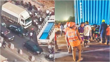 થાણેમાં ટ્રક પલટી થઈ જવાથી કલાકો સુધી ટ્રાફિક જૅમમાં અટવાયેલા મોટરિસ્ટોએ હાડમારી ભોગવવી પડી હતી. ખારીગાવ ટોલનાકા પાસે થયેલા અકસ્માતમાં ૨૦ વર્ષના યુવાનની બાઇક સ્કિડ થઈને કન્ટેનરની નીચે આવી જતાં તેનું મોત થયું હતું