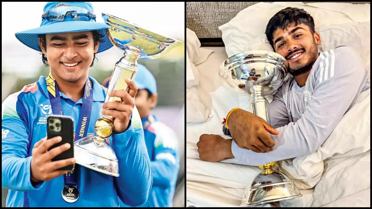 બેડ પર ટ્રોફી સાથે પોઝ આપ્યો કૅપ્ટન આયુષ મ્હાત્રેએ. વિડિયો-કૉલની મદદથી ફૅમિલીને વર્લ્ડ કપની ટ્રોફી દેખાડતો જોવા મળ્યો હતો વૈભવ સૂર્યવંશી.