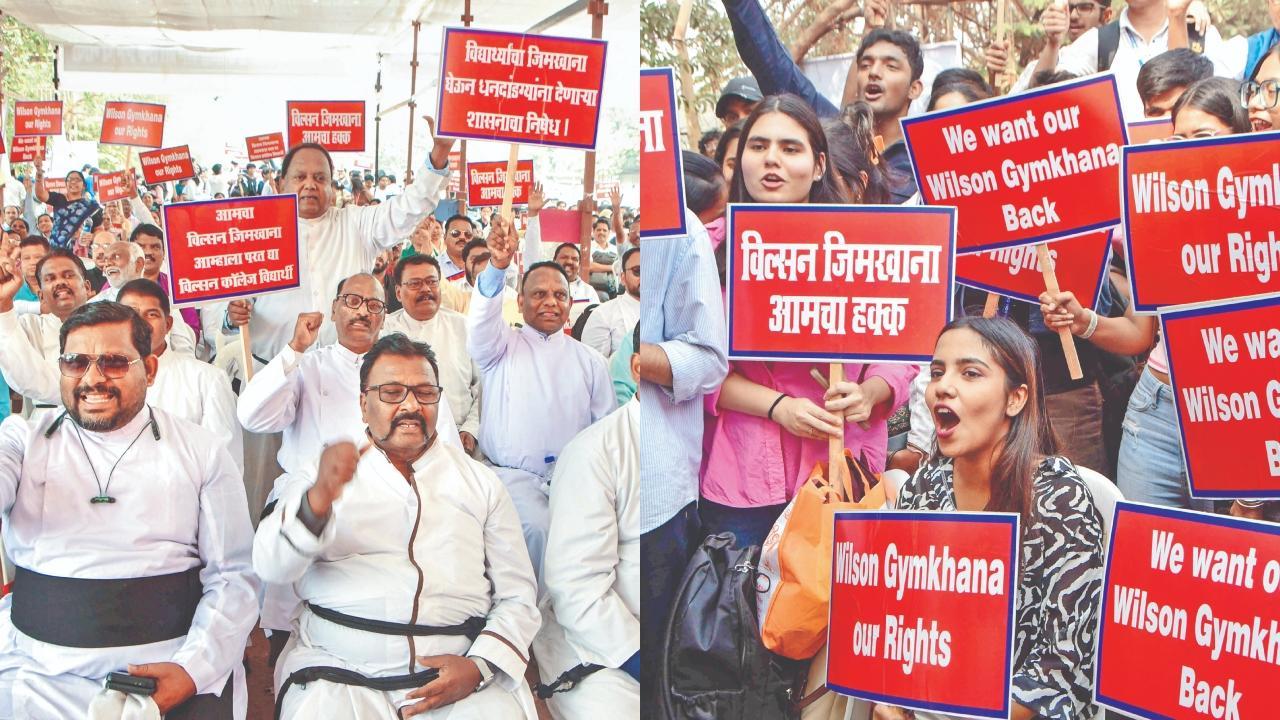 ગઈ કાલે વિલ્સન જિમખાનાની જમીનની જૈન સમુદાયને ટ્રાન્સફર કરેલી લીઝનો વિરોધ કરવા આઝાદ મેદાનમાં જમા થયેલા વિલ્સન કૉલેજના ટ્રસ્ટીઓ, ટીચરો, પાદરીઓ,‌ વિદ્યાર્થીઓ અને આમ્હી ગિરગાવકરના કાર્યકરો.