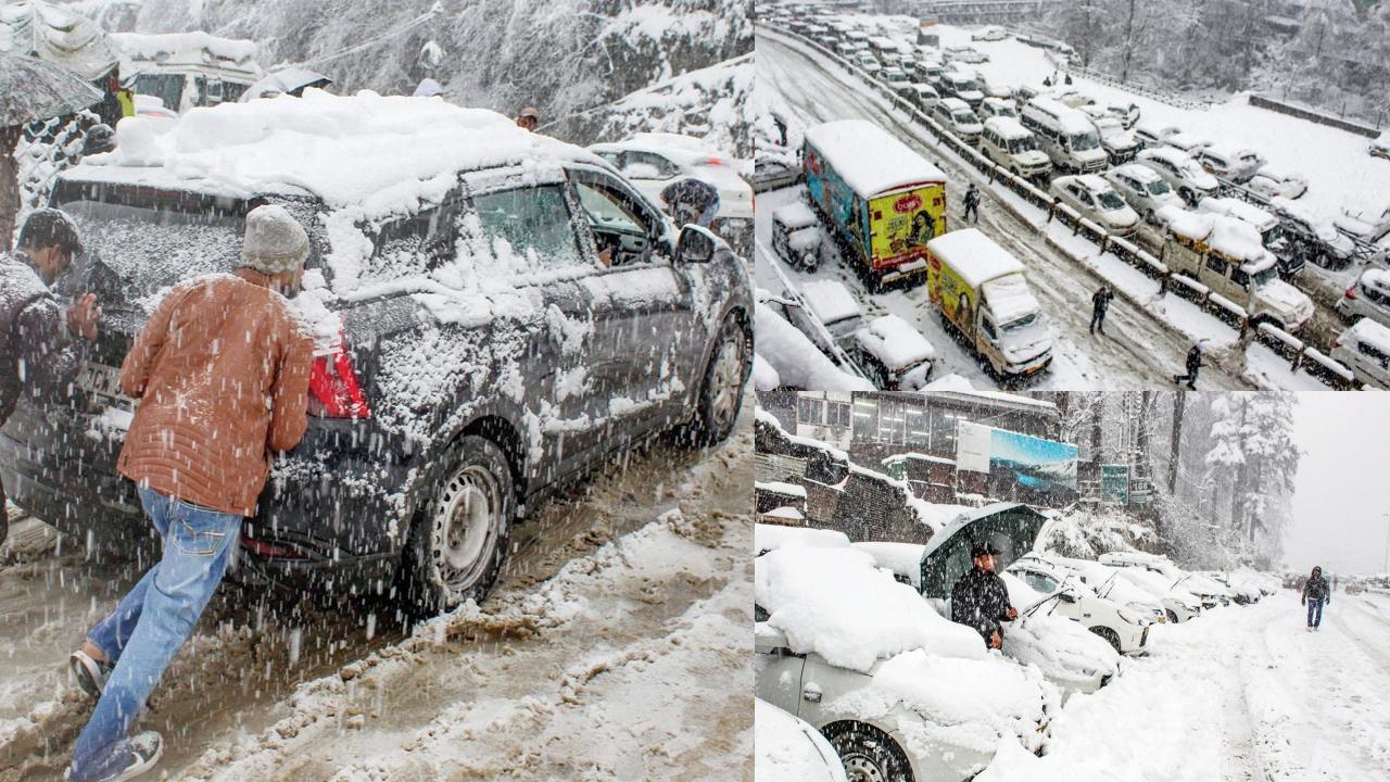બરફે કરી દીધા ચક્કા જામ : ગઈ કાલે મનાલીમાં ભારે સ્નોફૉલને કારણે બંધ પડી ગયેલી ગાડીને ધક્કો મારતા લોકો તથા અટકી પડેલો ટ્રાફિક