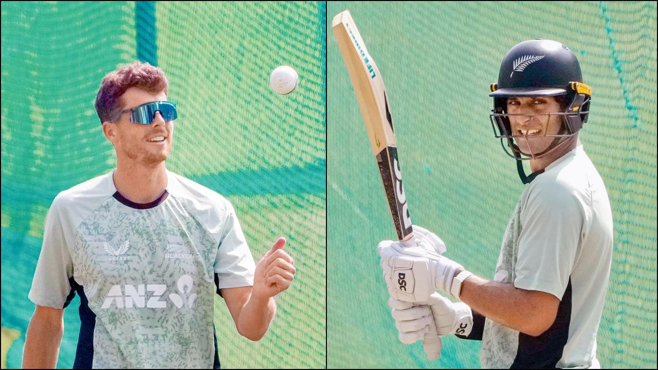 ગઈ કાલે પ્રૅક્ટિસ દરમ્યાન ન્યુ ઝીલૅન્ડનો કૅપ્ટન મિચલ સૅન્ટનર અને રચિન રવીન્દ્ર.