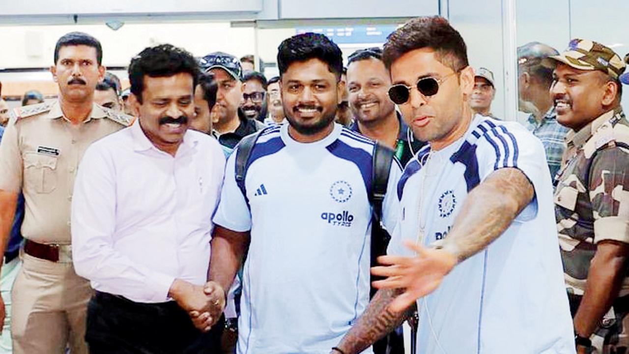 તિરુવનંતપુરમના ઍરપોર્ટ પર લોકલ બૉય સંજુ સૅમસનનો બૉડીગાર્ડ બન્યો કૅપ્ટન સૂર્યા