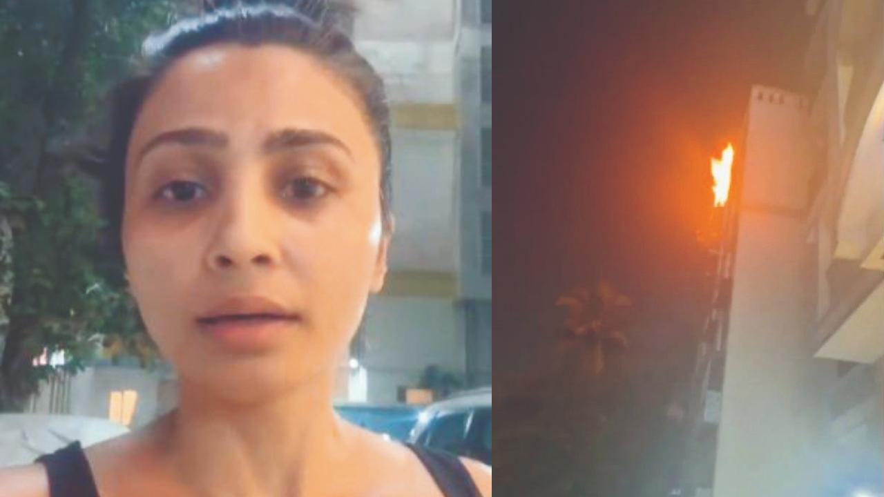 ડેઇઝી શાહના વાઇરલ વિડિયોમાંથી લીધેલી તસવીર અને હાઇરાઇઝ બિલ્ડિંગ.