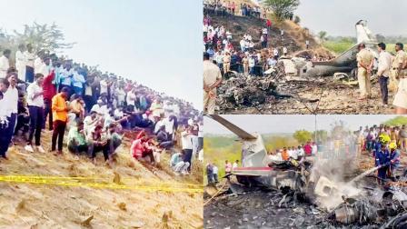 ગઈ કાલે બારામતીમાં ક્રૅશ થયા પછી ભડકે બળતું પ્લેન. ઘટનાસ્થળે આસપાસના લોકો ભેગા થઈ ગયા હતા.