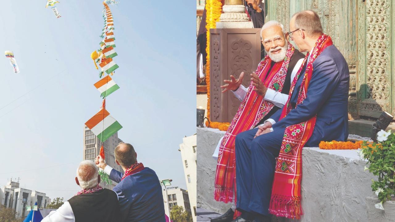 સાબરમતી રિવરફ્રન્ટ પર કાઇટ ફેસ્ટિવલમાં સાથે પતંગ ચગાવી રહેલા નરેન્દ્ર મોદી અને ફ્રેડરિક મર્ઝ. કાઇટ ફેસ્ટિવલમાં તૈયાર કરવામાં આવેલા ઓલ્ડ અમદાવાદની હેરિટેજ પોળોની મજા માણી રહેલા બન્ને નેતાઓ.