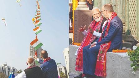 સાબરમતી રિવરફ્રન્ટ પર કાઇટ ફેસ્ટિવલમાં સાથે પતંગ ચગાવી રહેલા નરેન્દ્ર મોદી અને ફ્રેડરિક મર્ઝ. કાઇટ ફેસ્ટિવલમાં તૈયાર કરવામાં આવેલા ઓલ્ડ અમદાવાદની હેરિટેજ પોળોની મજા માણી રહેલા બન્ને નેતાઓ.