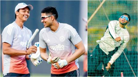 પ્રૅક્ટિસ દરમ્યાન ભારતનો વન-ડે કૅપ્ટન શુભમન ગિલ અને યશસ્વી જાયસવાલ, કાલે બોલિંગ પ્રૅક્ટિસ કરતો ન્યુ ઝીલૅન્ડનો ભારતીય મૂળનો ખેલાડી આદિત્ય અશોક.