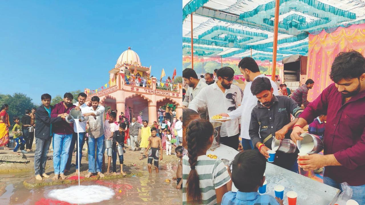 મહીસાગર નદીમાં દૂધનો અભિષેક કરતા શ્રદ્ધાળુઓ અને મહી બીજે પ્રસાદનું વિતરણ થયું હતું. 