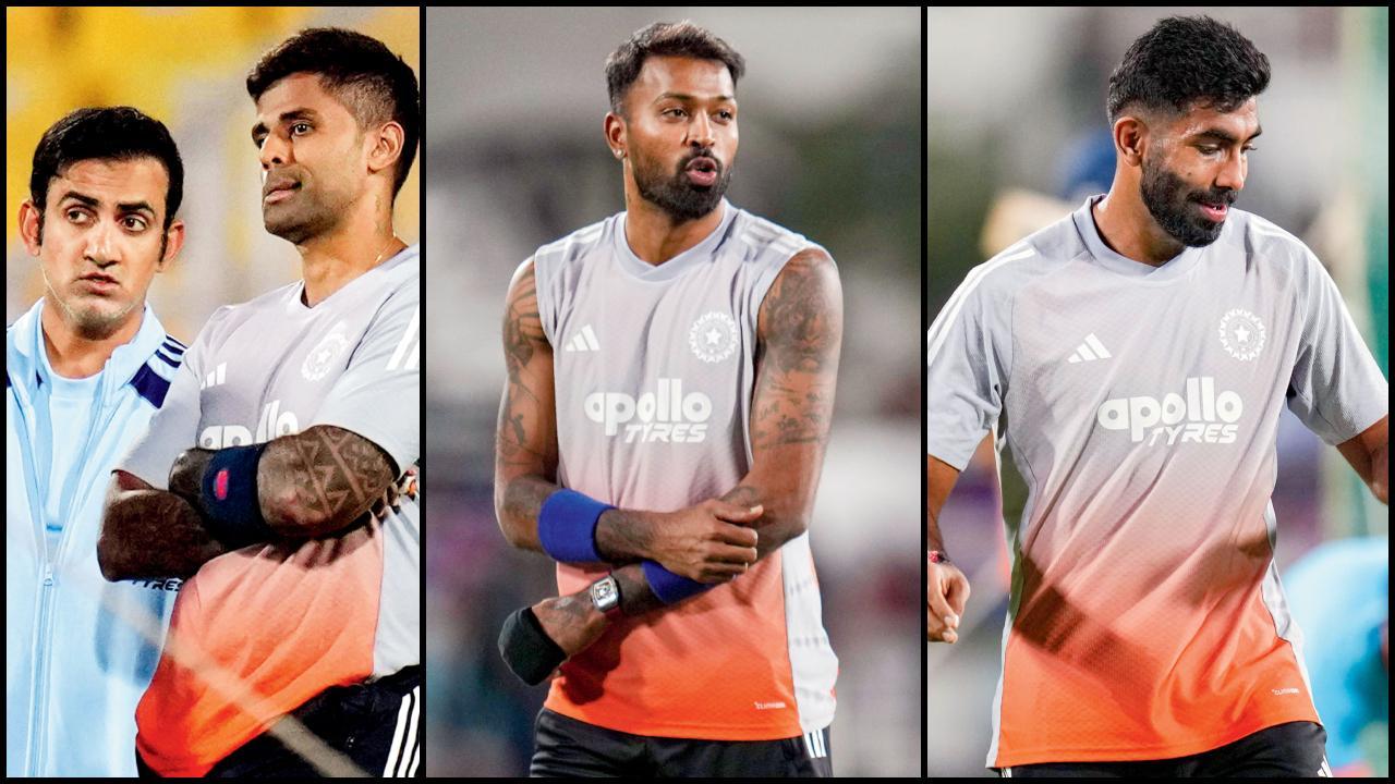 ન્યુ ઝીલૅન્ડ સામે વન-ડે સિરીઝ હારી ગયા બાદ આજથી શરૂ થઈ રહેલી પાંચ મૅચની T20 સિરીઝ માટે રણનીતિ બનાવતા હેડ કોચ ગૌતમ ગંભીર અને કૅપ્ટન સૂર્યકુમાર યાદવ. T20 સિરીઝમાં કમબૅક કરીને પ્રૅક્ટિસ-સેશનમાં તૈયારી કરતા જસપ્રીત બુમરાહ અને હાર્દિક પંડ્યા.