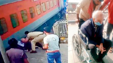 RPFના હેડ કૉન્સ્ટેબલ શરદ ઘારટે કરેલી બચાવકામગીરી (ડાબે), બહાર કાઢ્યા બાદ રાજેન્દ્ર શુક્લા