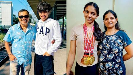 અમિત મોદી તેમના મોટા દીકરા જશ સાથે, હેતલ દોશી તેમની દીકરી નીતિ સાથે